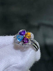 LIV 14k Solid White Gold Diamonds & Multi Gemstone Flower Design Halo Ring Size 4.75