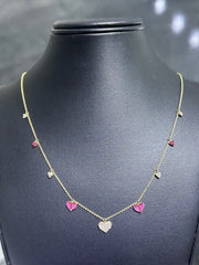 LIV 14K Yellow Gold Genuine White Diamonds & Red Ruby Pave Set Dangling Heart Halo Necklace