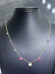 LIV 14K Yellow Gold Genuine White Diamonds & Red Ruby Pave Set Dangling Heart Halo Necklace