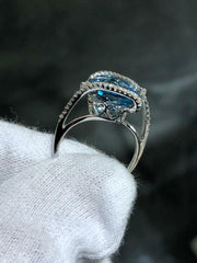 LIV 14k White Gold Natural White Diamond & Blue Topaz Large Abstract Halo Ring Sz 7