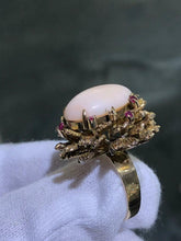 LIV 14k Solid Yellow Gold Large Oval Angel Coral & Red Ruby Cabochon Ring Size 7