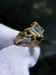 LIV 14k Solid Yellow Gold Round Blue Topaz & Red Ruby Cabochon Vintage Halo Ring Size 7