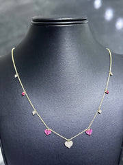 LIV 14K Yellow Gold Genuine White Diamonds & Red Ruby Pave Set Dangling Heart Halo Necklace