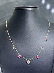LIV 14K Yellow Gold Genuine White Diamonds & Red Ruby Pave Set Dangling Heart Halo Necklace