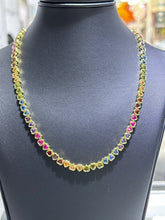 LIV 18k Yellow Gold Sterling Silver Rainbow Sapphire Heart Shape Halo Tennis Necklace 16" Length