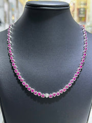 LIV Platinum Sterling Silver Pink & White Sapphire Heart Shape Halo Tennis Necklace 16" Length