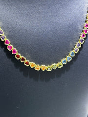 LIV 18k Yellow Gold Sterling Silver Rainbow Sapphire Heart Shape Halo Tennis Necklace 16" Length