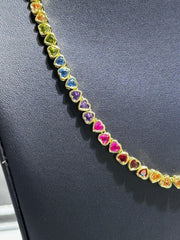 LIV 18k Yellow Gold Sterling Silver Rainbow Sapphire Heart Shape Halo Tennis Necklace 16" Length