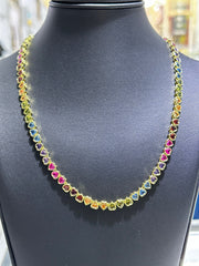 LIV 18k Yellow Gold Sterling Silver Rainbow Sapphire Heart Shape Halo Tennis Necklace 16" Length
