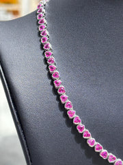 LIV Platinum Sterling Silver Pink & White Sapphire Heart Shape Halo Tennis Necklace 16" Length