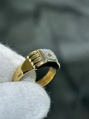 LIV 14k Yellow Gold & Natural White Diamond Round Cut Signet Design Vintage Ring SZ 7