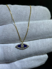 LIV 14k Yellow Gold & Diamonds Blue Enamel Evil Eye Halo Stackable Necklace 16" L