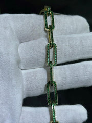 LIV 18k Gold Sterling Silver Unique Green Sapphire Large Paper Link Tennis Bracelet