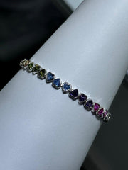 LIV Platinum Sterling Silver Rainbow Sapphire Heart Shape Halo Tennis Bracelet 7" L