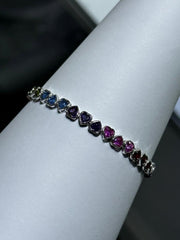 LIV Platinum Sterling Silver Rainbow Sapphire Heart Shape Halo Tennis Bracelet 7" L