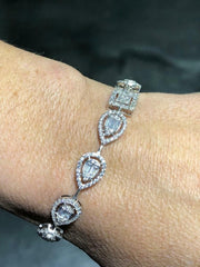 LIV Platinum Sterling Silver Simulate Sapphire Baguette Halo Design Tennis Bracelet