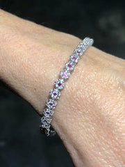 LIV Platinum Sterling Silver Red & White Sapphire Flower Halo Stack Tennis Bracelet