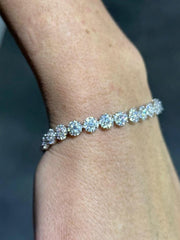 LIV Platinum Sterling Silver White Sapphire Round Flower Halo Tennis Bracelet 7" L