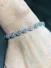 LIV Platinum Sterling Silver White Sapphire Oval Halo Baguette Tennis Bracelet 7" L