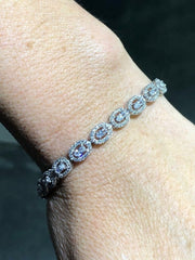 LIV Platinum Sterling Silver White Sapphire Oval Halo Baguette Tennis Bracelet 7" L