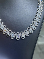 LIV Platinum Sterling Silver Oval Pave Halo Simulated White Sapphire Tennis Necklace