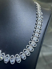 LIV Platinum Sterling Silver Oval Pave Halo Simulated White Sapphire Tennis Necklace