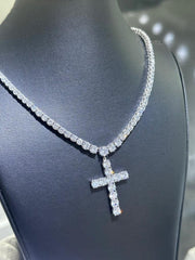 LIV Platinum Sterling Silver Cross Design Simulated White Sapphire Tennis Necklace