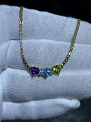 LIV 14k Yellow Gold Multi Color Gemstone Heart 3 Stone Necklace 5.2 Grams Gift 16" L
