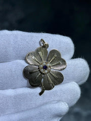 LIV 14k Yellow Gold Purple Amethyst & Pearl Four Leaf Clover Vintage Charm Pendant