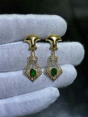LIV 18k Yellow Gold Green Emerald Oval Cut Halo Vintage Chandelier Earrings 3.9 Gr