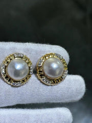 LIV 14k Yellow Gold & Diamonds Mabe Pearl Halo Vintage French Back Earrings Gift