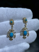 LIV 14k Yellow Gold & Blue Turquoise Chandelier Post Stud Vintage Earrings