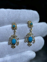 LIV 14k Yellow Gold & Blue Turquoise Chandelier Post Stud Vintage Earrings