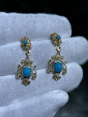 LIV 14k Yellow Gold & Blue Turquoise Chandelier Post Stud Vintage Earrings
