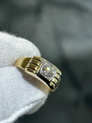 LIV 14k Yellow Gold & Natural White Diamond Round Cut Signet Design Vintage Ring SZ 7