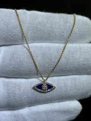 LIV 14k Yellow Gold & Diamonds Blue Enamel Evil Eye Halo Stackable Necklace 16" L