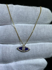 LIV 14k Yellow Gold & Diamonds Blue Enamel Evil Eye Halo Stackable Necklace 16" L