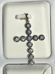 LIV 14k White Gold Genuine White Diamond Large Halo Design Bezel Design Cross Charm