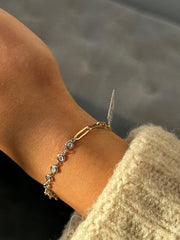 LIV 14k Yellow Gold Natural White Diamonds Paper Link Unique Halo Tennis Bracelet 7"