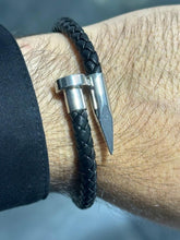 LIV Black Braided Leather Men's Nail Design Stack Stainless Steel Bracelet Gift 8" L
