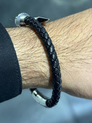 LIV Black Braided Leather Men's Nail Design Stack Stainless Steel Bracelet Gift 8" L
