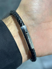 LIV Black Braided Leather Men's Nail Design Stack Stainless Steel Bracelet Gift 8" L