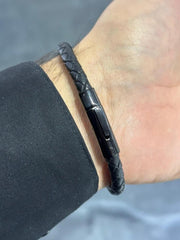 LIV Black Braided Leather Men's Stack Design Stainless Steel Black Lock Bracelet