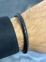 LIV Black Braided Leather Men's Stack Design Stainless Steel Black Lock Bracelet