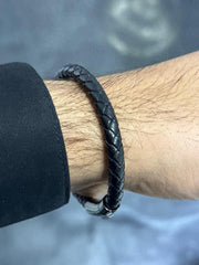 LIV Black Braided Leather Men's Stack Design Stainless Steel Black Lock Bracelet