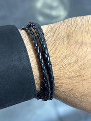 LIV Black Braided Leather Men's Wrap Design Stainless Steel Stackable Bracelet Gift