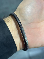 LIV Black & Brown Braided Leather Men's Snap In Lock Stainless Steel Stack Bracelet