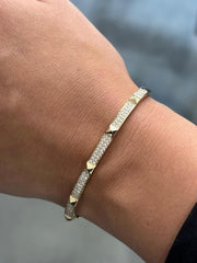 LIV 14k Yellow Gold Natural White Diamonds Spike Design Pave Set Bangle Bracelet 7"