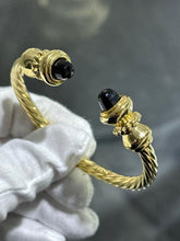 LIV 14k Yellow Gold Cable Cuff Design Black Onyx Hinged Vintage Bangle Bracelet Gift