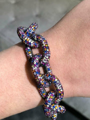 LIV Black Gold Sterling Silver Rainbow Stones Large Link Chunky Tennis Bracelet 7"